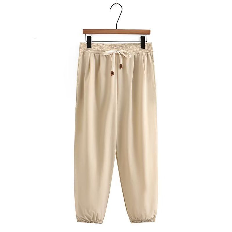 (Beige)Plus Size Women's Clothing Elastic Waist Casual Trousers Non-Stretch Solid Colour Wide Leg Trousers For Spring/Autumn XL-4XL SAB
