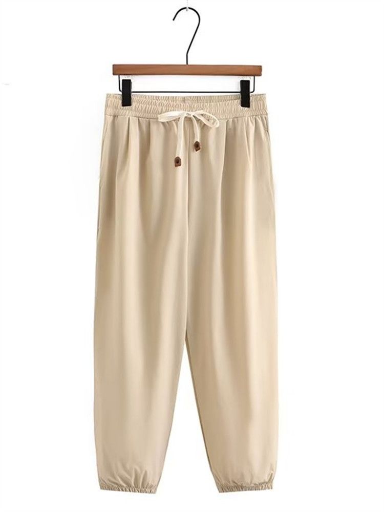 (Beige)Plus Size Women's Clothing Elastic Waist Casual Trousers Non-Stretch Solid Colour Wide Leg Trousers For Spring/Autumn XL-4XL SAB