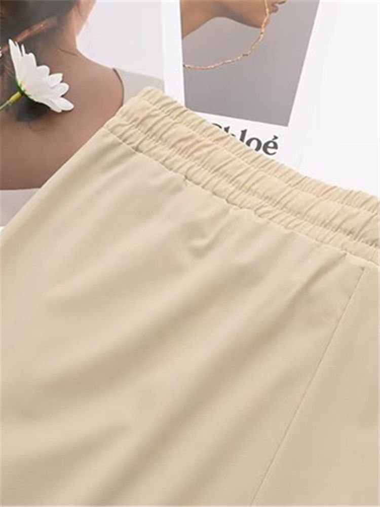 (Beige)Plus Size Women's Clothing Elastic Waist Casual Trousers Non-Stretch Solid Colour Wide Leg Trousers For Spring/Autumn XL-4XL SAB