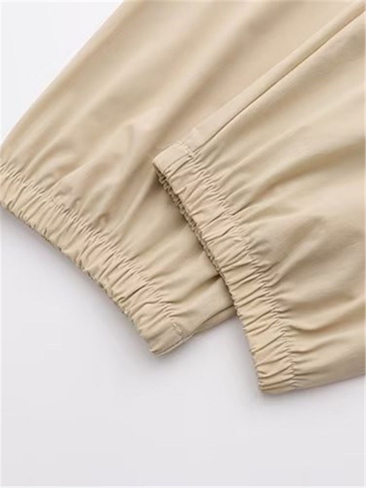 (Beige)Plus Size Women's Clothing Elastic Waist Casual Trousers Non-Stretch Solid Colour Wide Leg Trousers For Spring/Autumn XL-4XL SAB