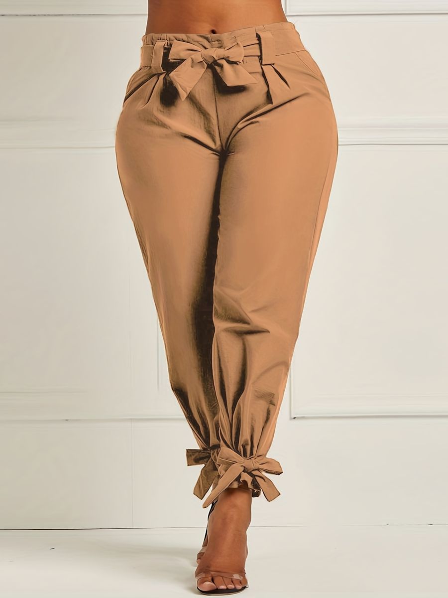 (D091kaqi)Plus Size Elegantfashion Pants, Women's Bow Tie Waistband Stretch Tapered Leg Pants SAB