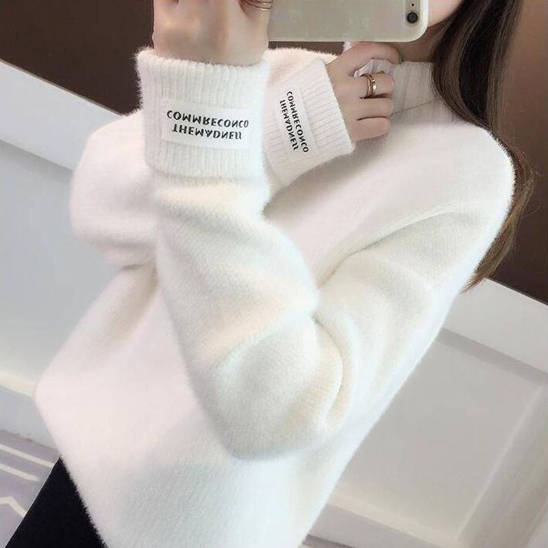 Knitted Warm Sweater Female For Autumn Winter 2019 Ladies Long Sleeve Women Turtleneck Tricot Pullover Blue Jumper(#White)