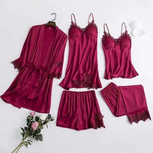 Bride Wedding Robe Suit Sexy Ladies' Sleepwear Kimono Bathrobe Gown Summer New Lace Trim Intimate Lingerie Mini Nightgown（#Green 5PCS D）