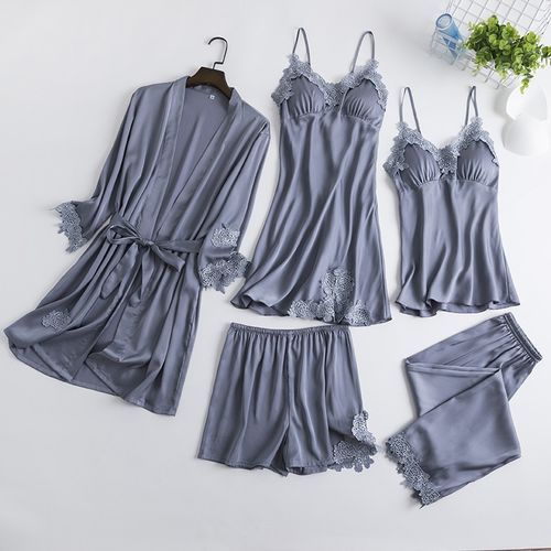 Bride Wedding Robe Suit Sexy Ladies' Sleepwear Kimono Bathrobe Gown Summer New Lace Trim Intimate Lingerie Mini Nightgown（#Green 5PCS D）