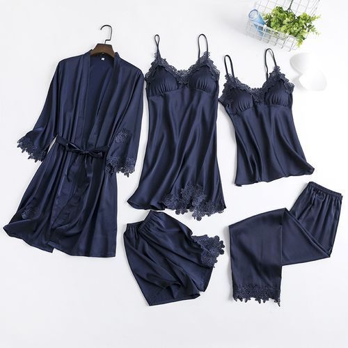 Bride Wedding Robe Suit Sexy Ladies' Sleepwear Kimono Bathrobe Gown Summer New Lace Trim Intimate Lingerie Mini Nightgown（#Green 5PCS D）