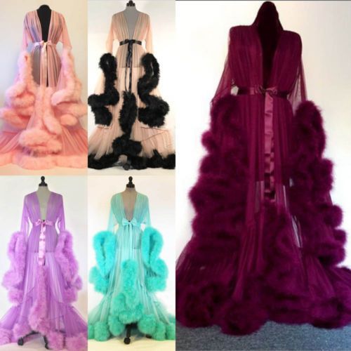Sexy Lingerie Women Sleepwear Lace Long Maxi Robe Night Dress Gown Mesh Fur Sleep Wear Nightgrown Bath Robes（#A）