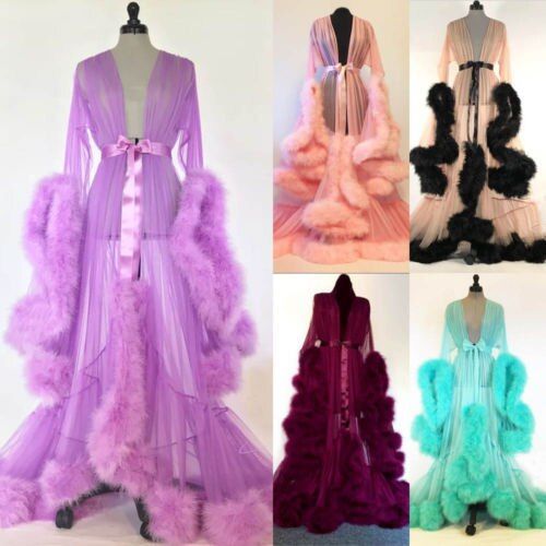 Sexy Lingerie Women Sleepwear Lace Long Maxi Robe Night Dress Gown Mesh Fur Sleep Wear Nightgrown Bath Robes（#A）