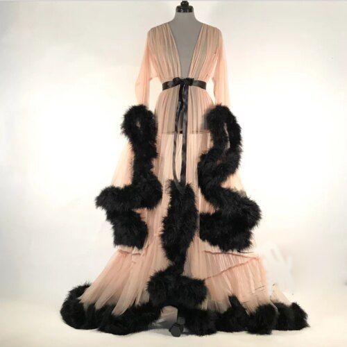 Sexy Lingerie Women Sleepwear Lace Long Maxi Robe Night Dress Gown Mesh Fur Sleep Wear Nightgrown Bath Robes（#A）