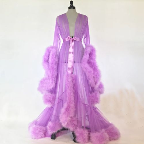 Sexy Lingerie Women Sleepwear Lace Long Maxi Robe Night Dress Gown Mesh Fur Sleep Wear Nightgrown Bath Robes（#A）