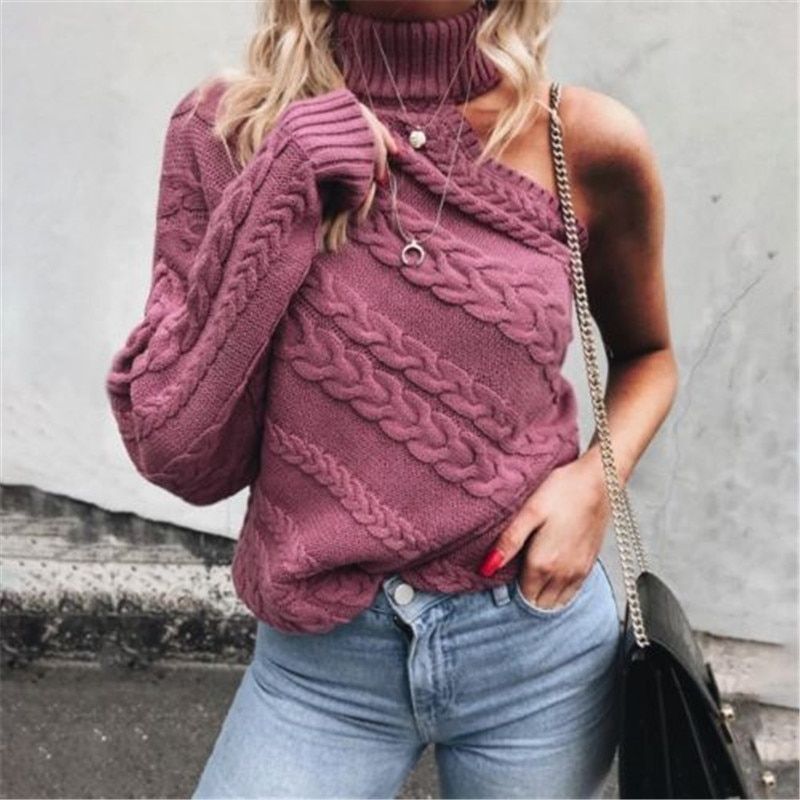 Trendy Women Clothes Long Sleeve Knitted One Shoulder Sweater Solid Turtle Neck Pullover Outwear One Pieces(#White)