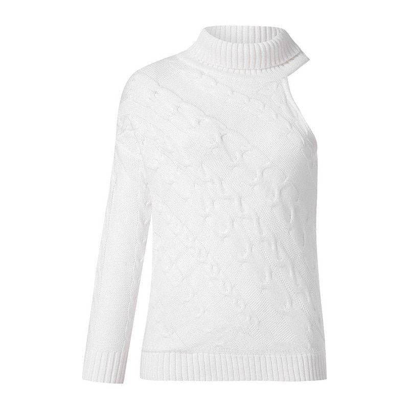 Trendy Women Clothes Long Sleeve Knitted One Shoulder Sweater Solid Turtle Neck Pullover Outwear One Pieces(#White)