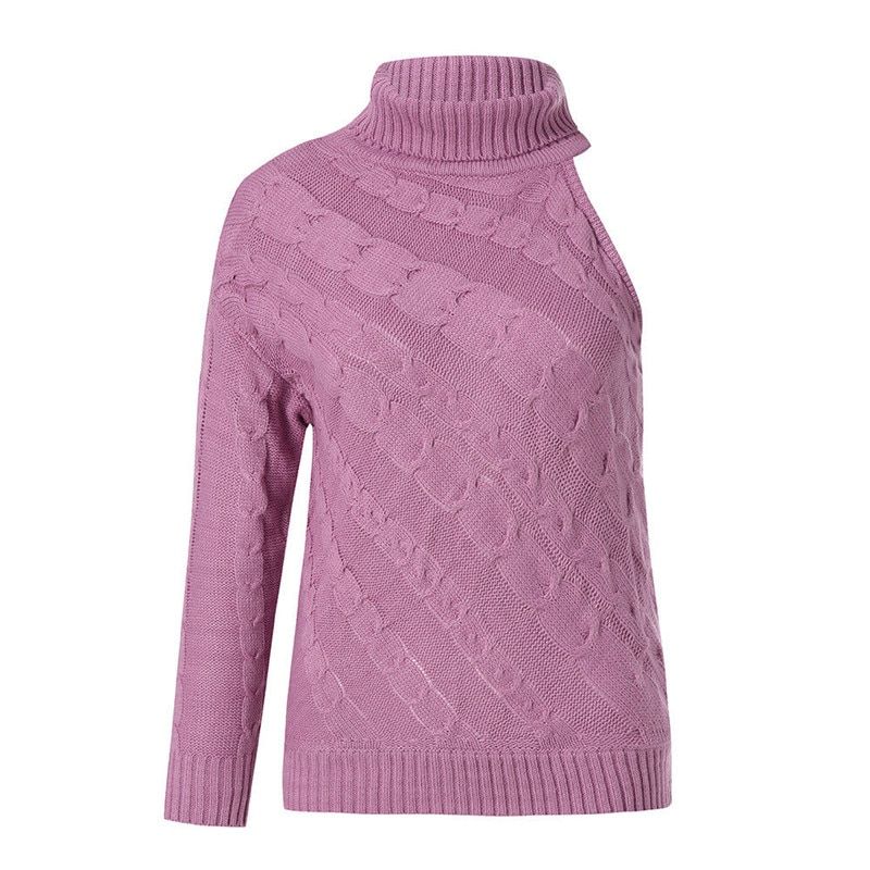 Trendy Women Clothes Long Sleeve Knitted One Shoulder Sweater Solid Turtle Neck Pullover Outwear One Pieces(#White)