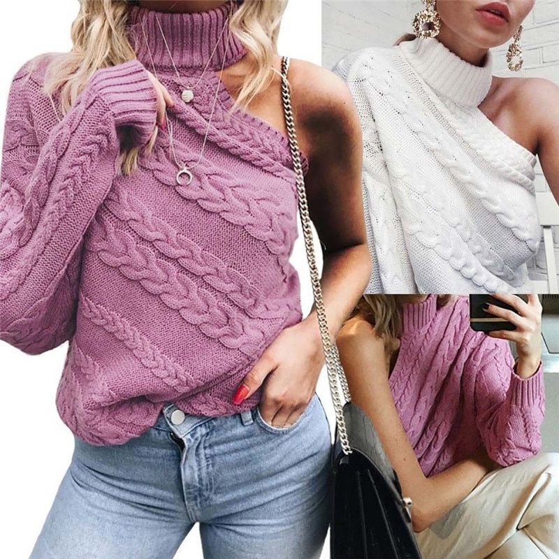Trendy Women Clothes Long Sleeve Knitted One Shoulder Sweater Solid Turtle Neck Pullover Outwear One Pieces(#White)