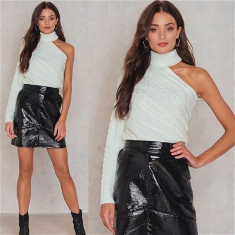 Trendy Women Clothes Long Sleeve Knitted One Shoulder Sweater Solid Turtle Neck Pullover Outwear One Pieces(#White)
