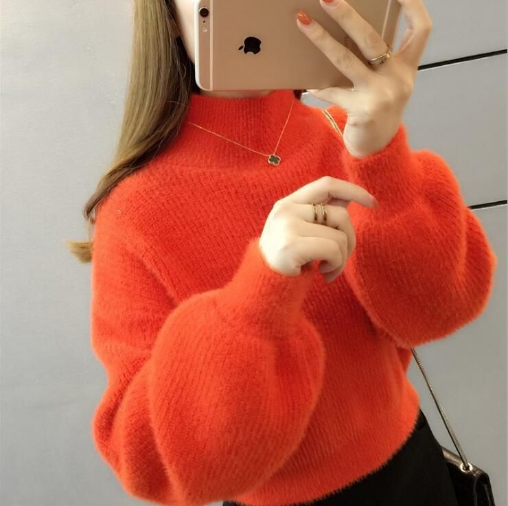 Women's Casual Mink Cashmere Turtleneck Lantern Sleeve Crop Sweater Loose Knitted Purple Pullover Oversize Jumper Tops New Q9238(#Purple)