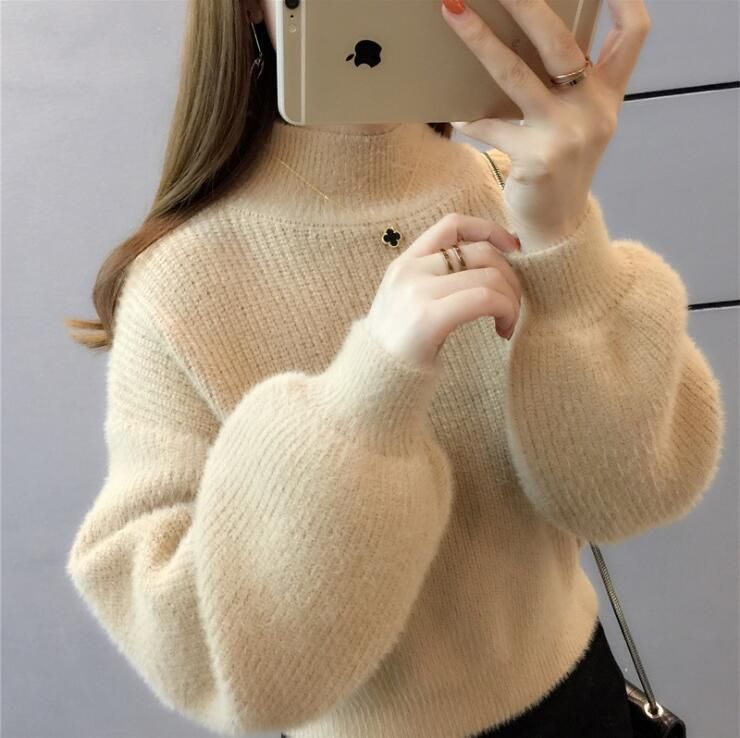 Women's Casual Mink Cashmere Turtleneck Lantern Sleeve Crop Sweater Loose Knitted Purple Pullover Oversize Jumper Tops New Q9238(#Purple)
