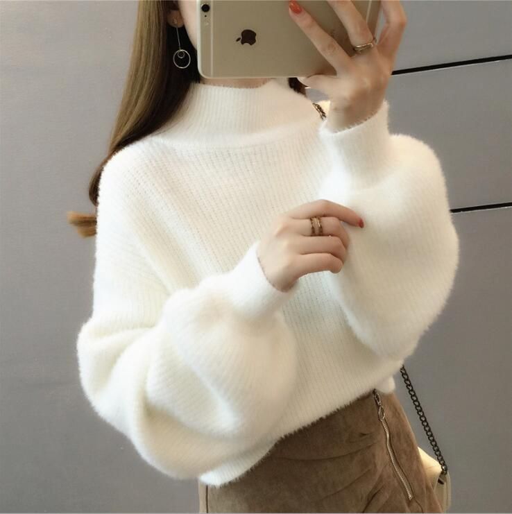 Women's Casual Mink Cashmere Turtleneck Lantern Sleeve Crop Sweater Loose Knitted Purple Pullover Oversize Jumper Tops New Q9238(#Purple)