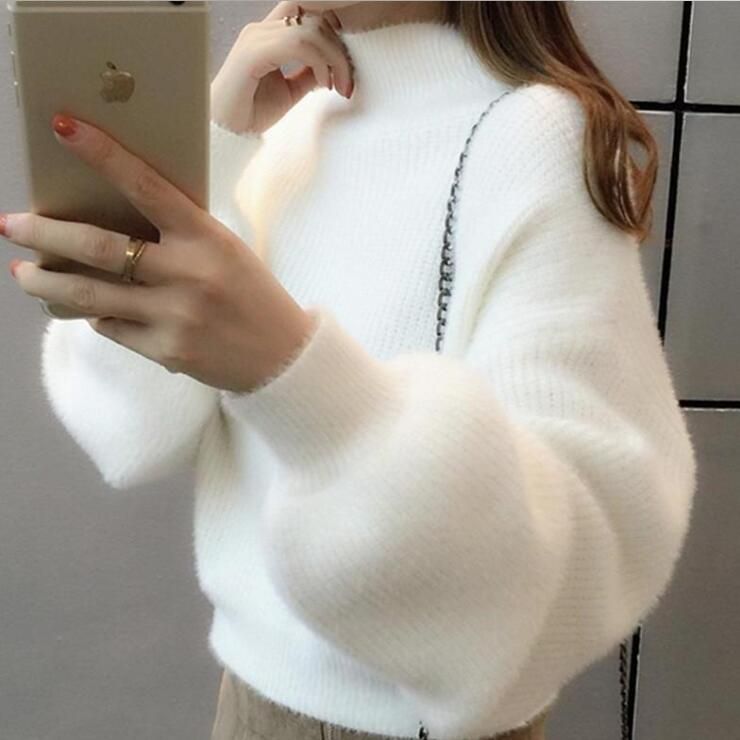 Women's Casual Mink Cashmere Turtleneck Lantern Sleeve Crop Sweater Loose Knitted Purple Pullover Oversize Jumper Tops New Q9238(#Purple)