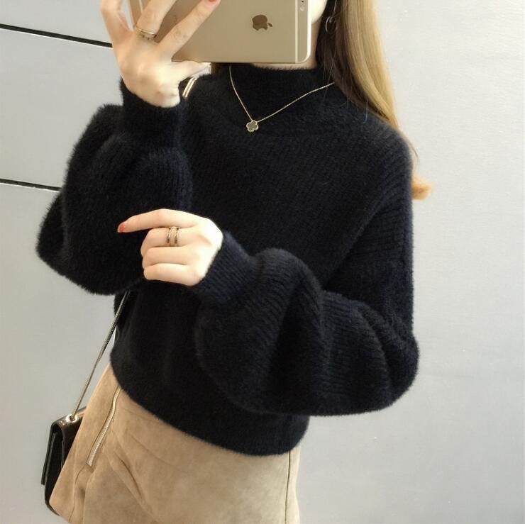 Women's Casual Mink Cashmere Turtleneck Lantern Sleeve Crop Sweater Loose Knitted Purple Pullover Oversize Jumper Tops New Q9238(#Purple)