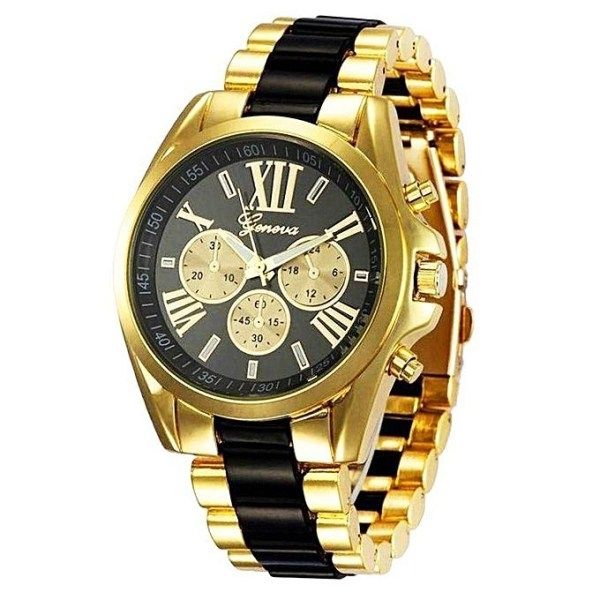 Wrist Watch Rhinestone Black And Gold + Free Gift Bracelet
