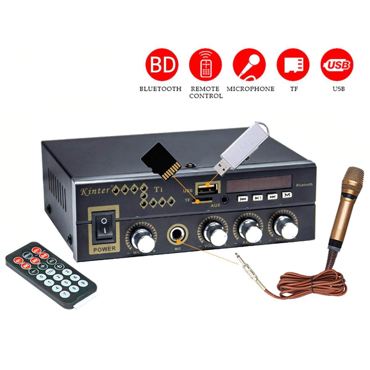 12V/220V Digital Stereo Audio Bluetooth Amplifier AMP SD FM USB Mic Home