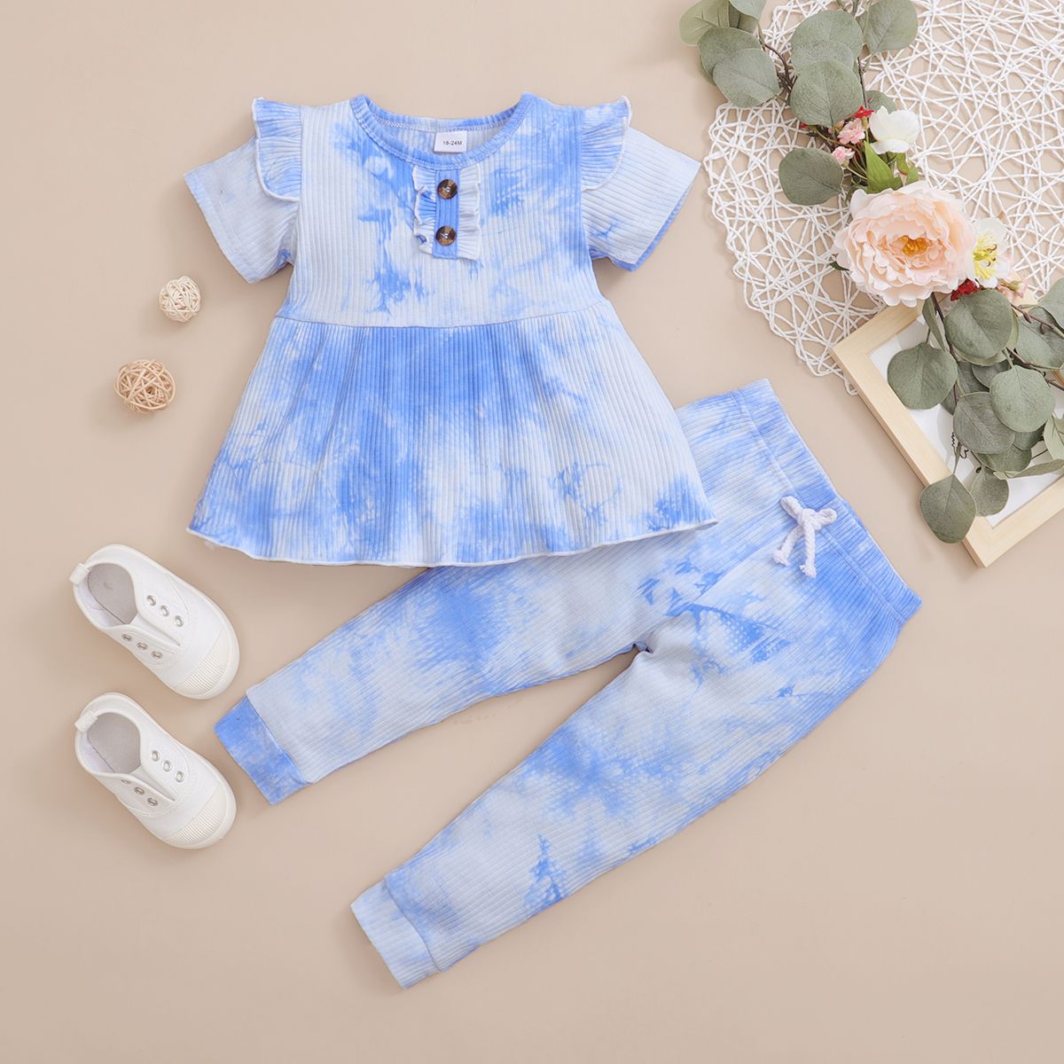 1-6Y Kid Girls Blue Tie-dyed Outfit Set Short Sleeves Shirt With Long Pants