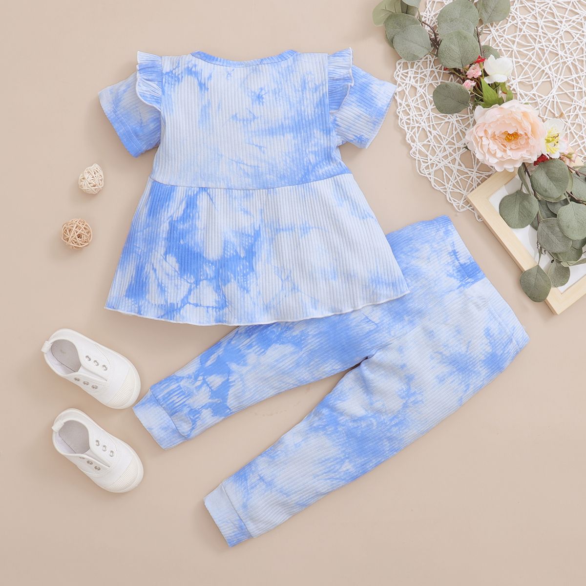 1-6Y Kid Girls Blue Tie-dyed Outfit Set Short Sleeves Shirt With Long Pants