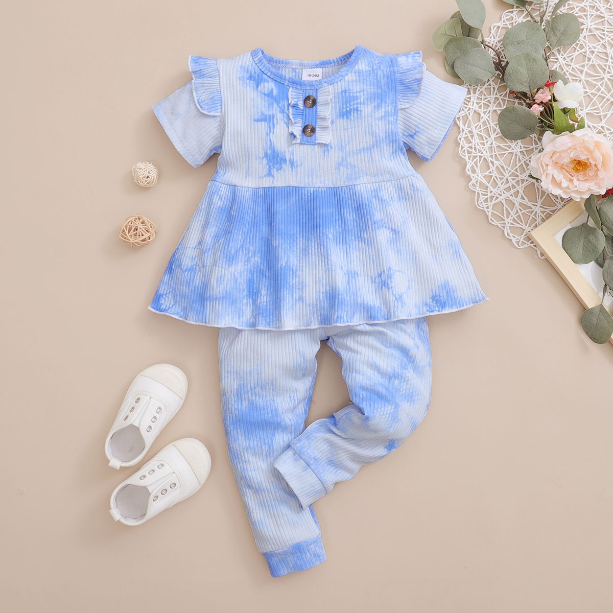 1-6Y Kid Girls Blue Tie-dyed Outfit Set Short Sleeves Shirt With Long Pants