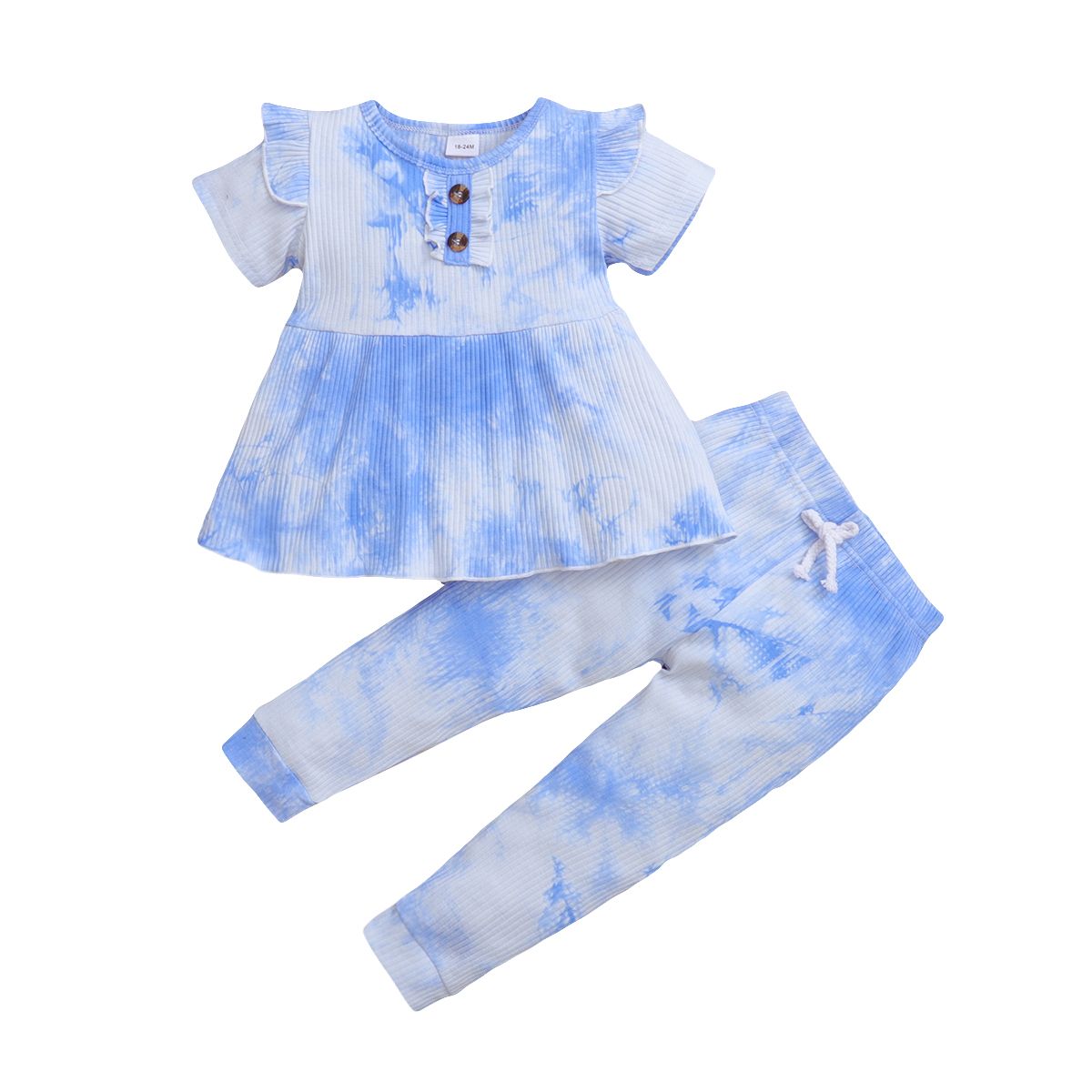 1-6Y Kid Girls Blue Tie-dyed Outfit Set Short Sleeves Shirt With Long Pants