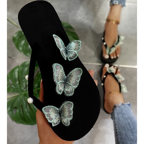 Ladies Flip Fop Butterfly Flower Wedge Slippers
