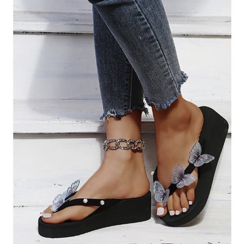 Ladies Flip Fop Butterfly Flower Wedge Slippers