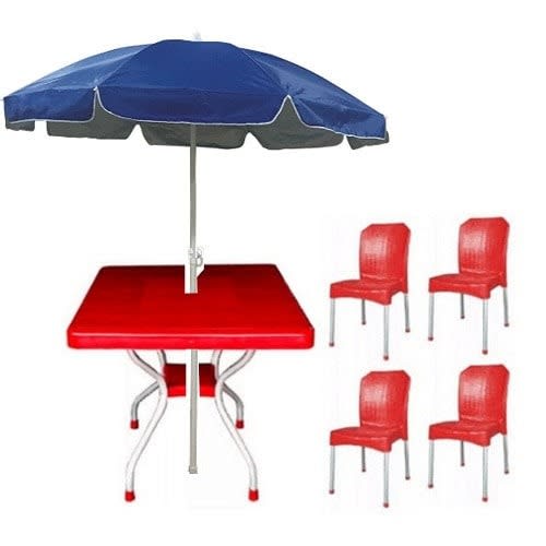 Red Square Table With 4 Aluminium Curved Legs Chairs & Blue 60