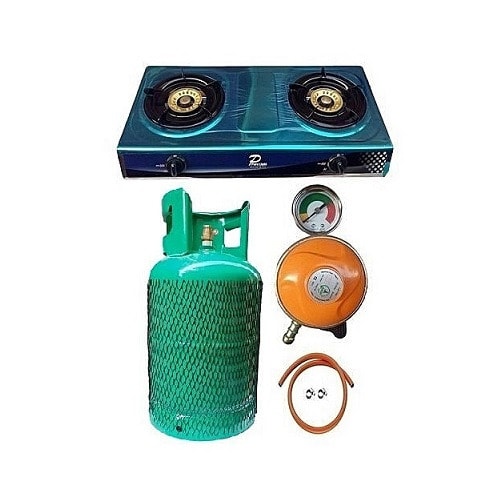 Gas Cylinder + Glass Double Burner Cooker + 3 Yards Hose +Standard Regulator & Clips. -12.5kg