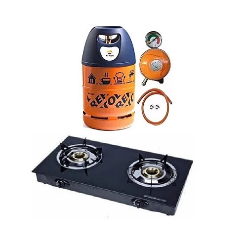 Cepsa Gas Cylinder + Glass Top Double Burner + Meter Regulator + Hose & Clips -12.5kg