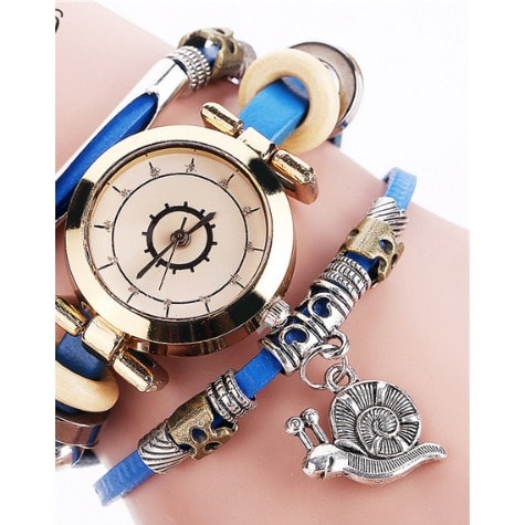 Snail Pendant Women Leather Bracelet Watch - Blue