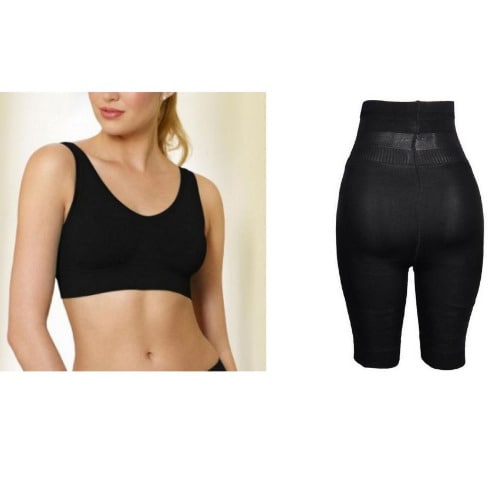 Ahh Seamlesss Bra + Mid Thigh High Waist Shapewear Bundle - Black