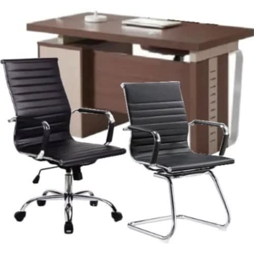 Office Table With 3 Drawers + 2 Leather Office Executive Chairs - 1.4m