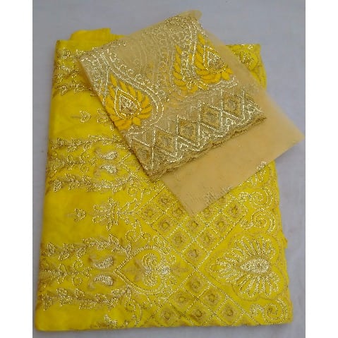 7 Yards Embroidered & Bedazzled Indian Lace George with Blouse - Yellow