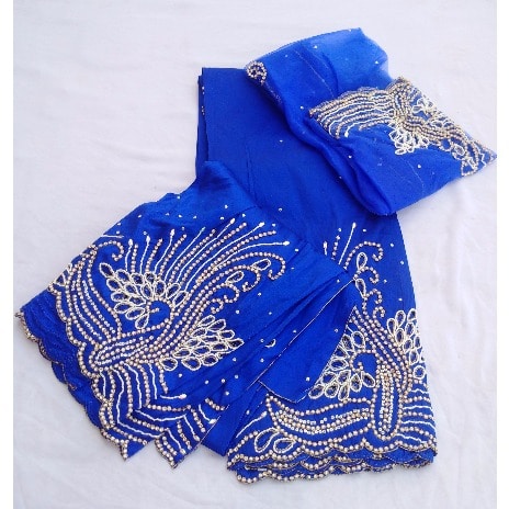 7 Yards Bedazzled & Beaded Pre-Cut Indian Lace George with Blouse - Blue