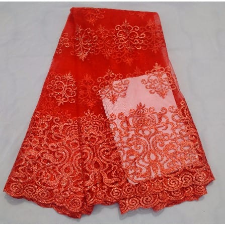 Pepper Red Embroidered and Stoned Sample Lace - 4 Yards