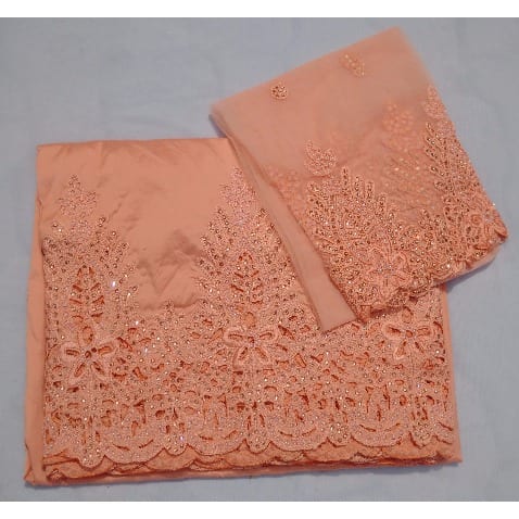 Peach White Pearls Beaded and Embroidered Indian Lace George with Blouse – 7 Yards