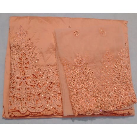 Peach White Pearls Beaded and Embroidered Indian Lace George with Blouse – 7 Yards