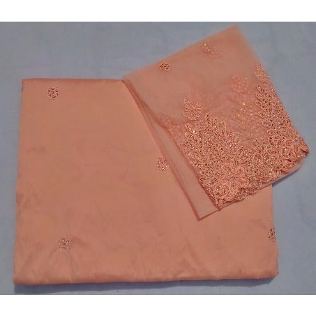Peach White Pearls Beaded and Embroidered Indian Lace George with Blouse – 7 Yards