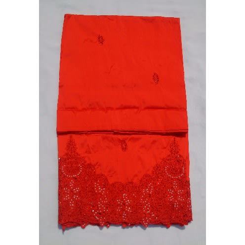 Bright Red Embroidered and Beaded Indian Lace George with Blouse - 7 Yards