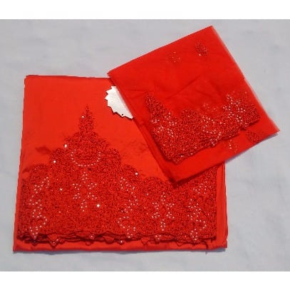Bright Red Embroidered and Beaded Indian Lace George with Blouse - 7 Yards