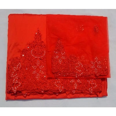 Bright Red Embroidered and Beaded Indian Lace George with Blouse - 7 Yards