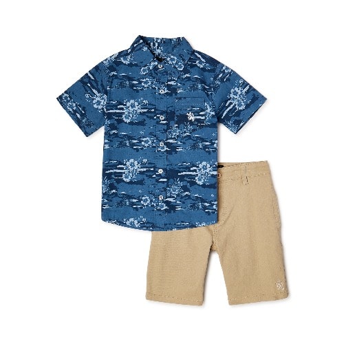 Boys Tropical Print Short Sleeve Shirt And Short Set Blue