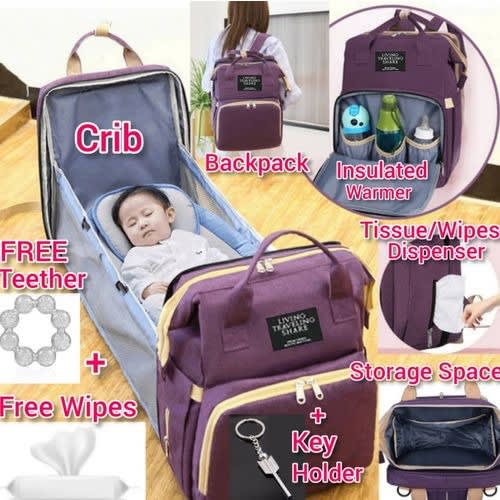 Multipurpose Foldable Baby Bag And Baby Cot Bed+ Free Teether, Wipe & Key Holder Combo