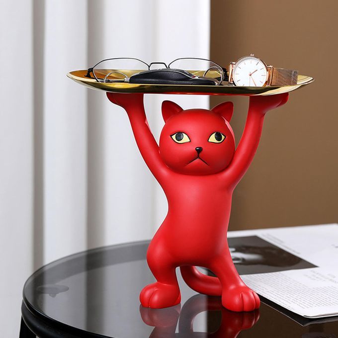 Cat Statue Item Placement Holder Desktop Figurine Ornaments Gift Red