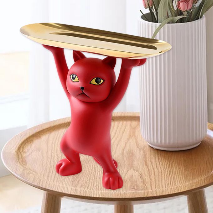 Cat Statue Item Placement Holder Desktop Figurine Ornaments Gift Red